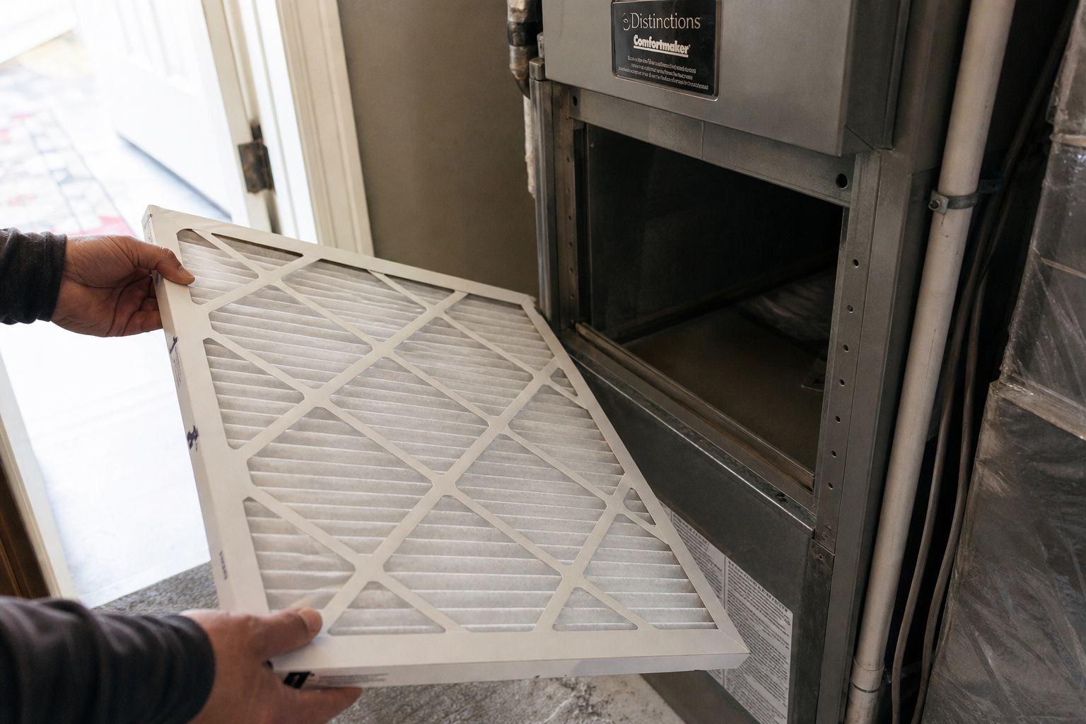 Homeowner replacing a 1-inch pleated HVAC furnace air filter