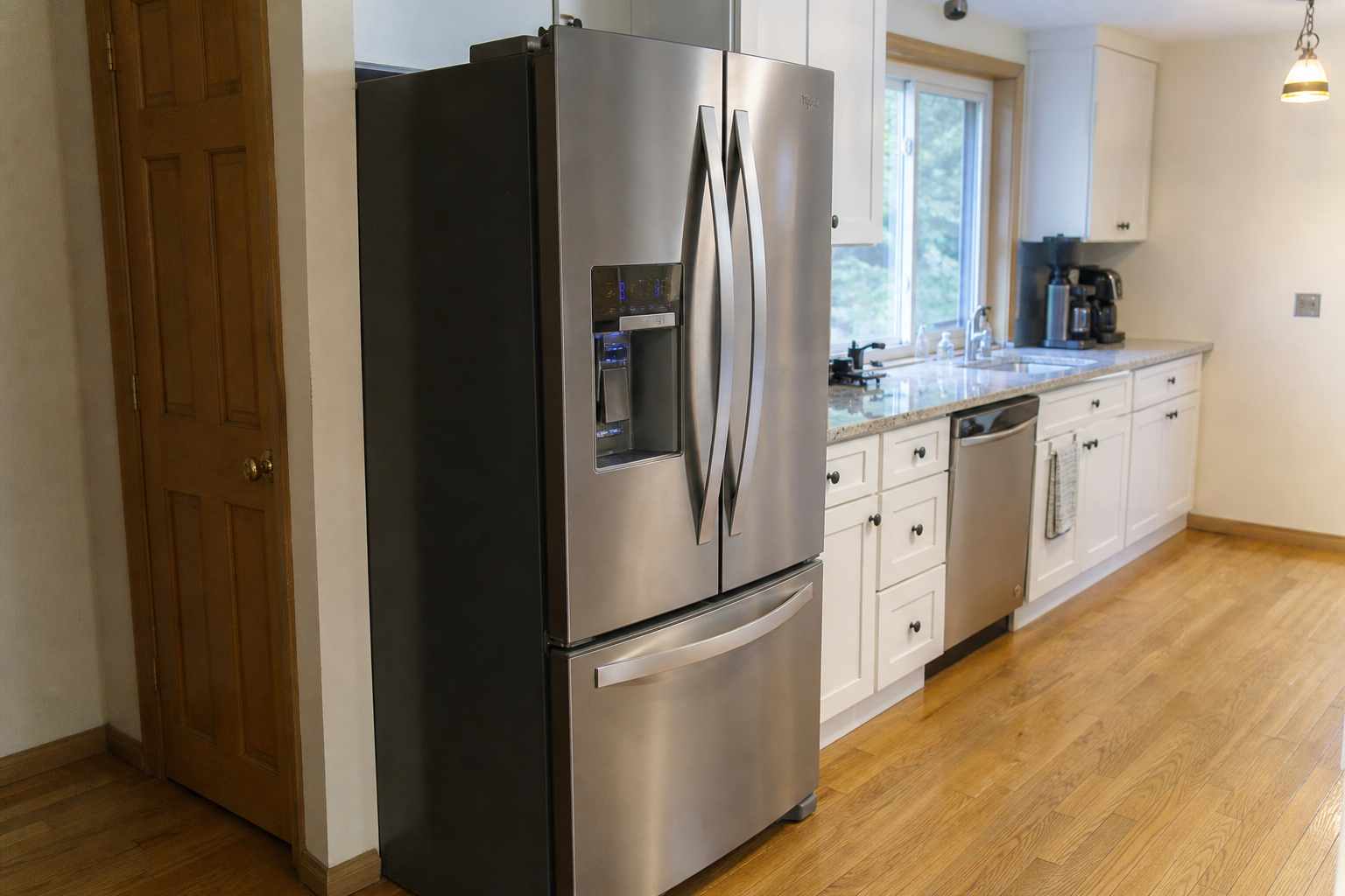 Whirlpool french-door refrigerator with water dispenser in an American kitchen
