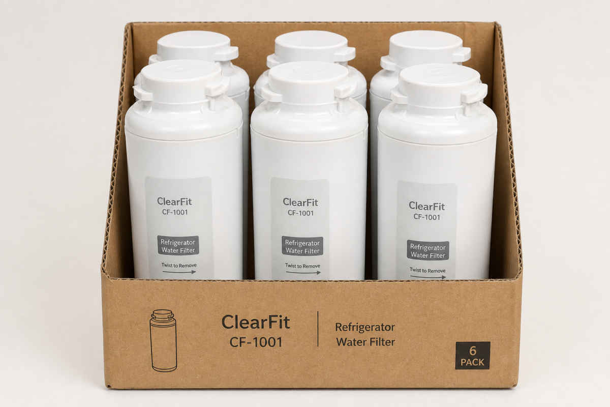 ClearFit CF-1001 EDR1RXD1 replacement refrigerator water filter 6-pack boxed product photo