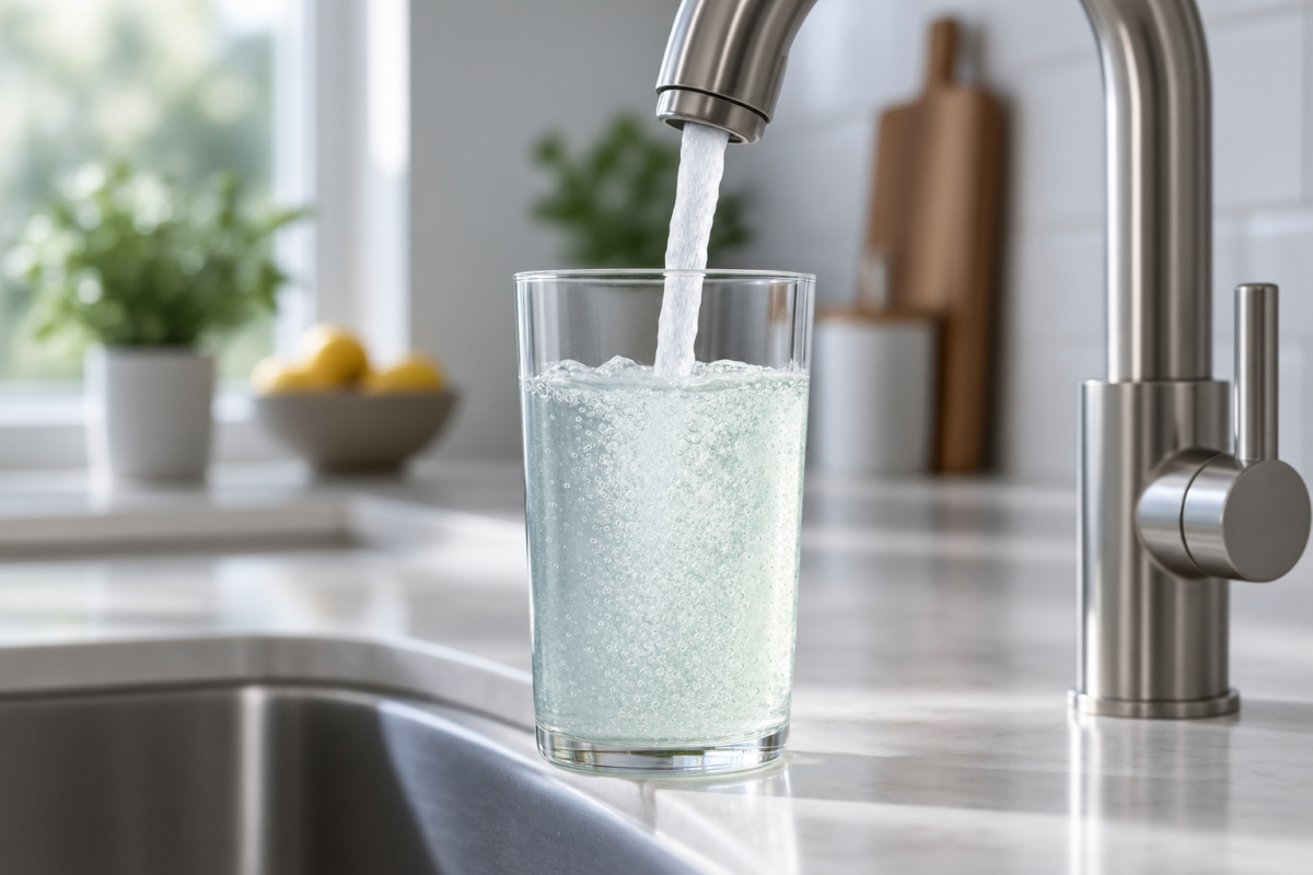 Chlorine and chemical tint visible in a glass of tap water from the faucet