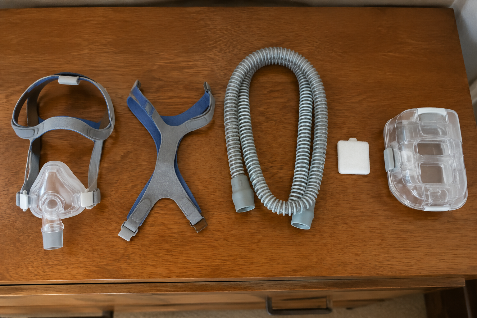 CPAP supplies laid out in a row - mask, headgear, tubing, filters and water chamber