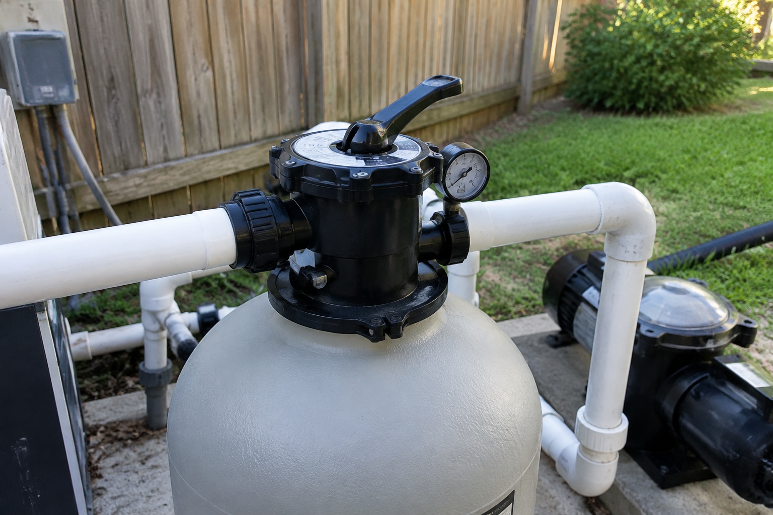 Multiport valve on a pool sand filter set to the backwash position