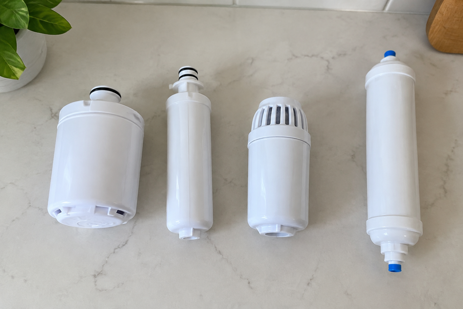 Four refrigerator water filter mechanism types side by side: twist-in, push-in, pull-out and grille dropdown