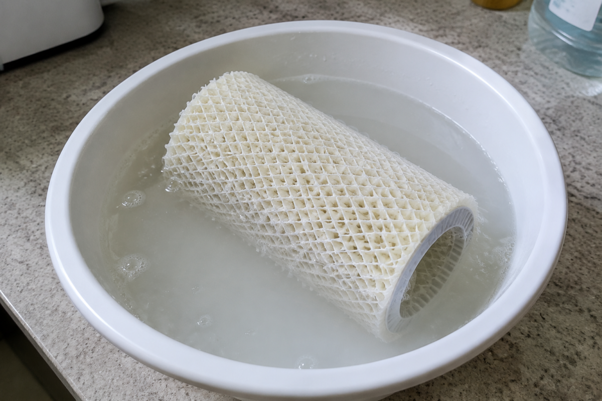 Evaporative humidifier wick filter soaking in a vinegar solution in a basin