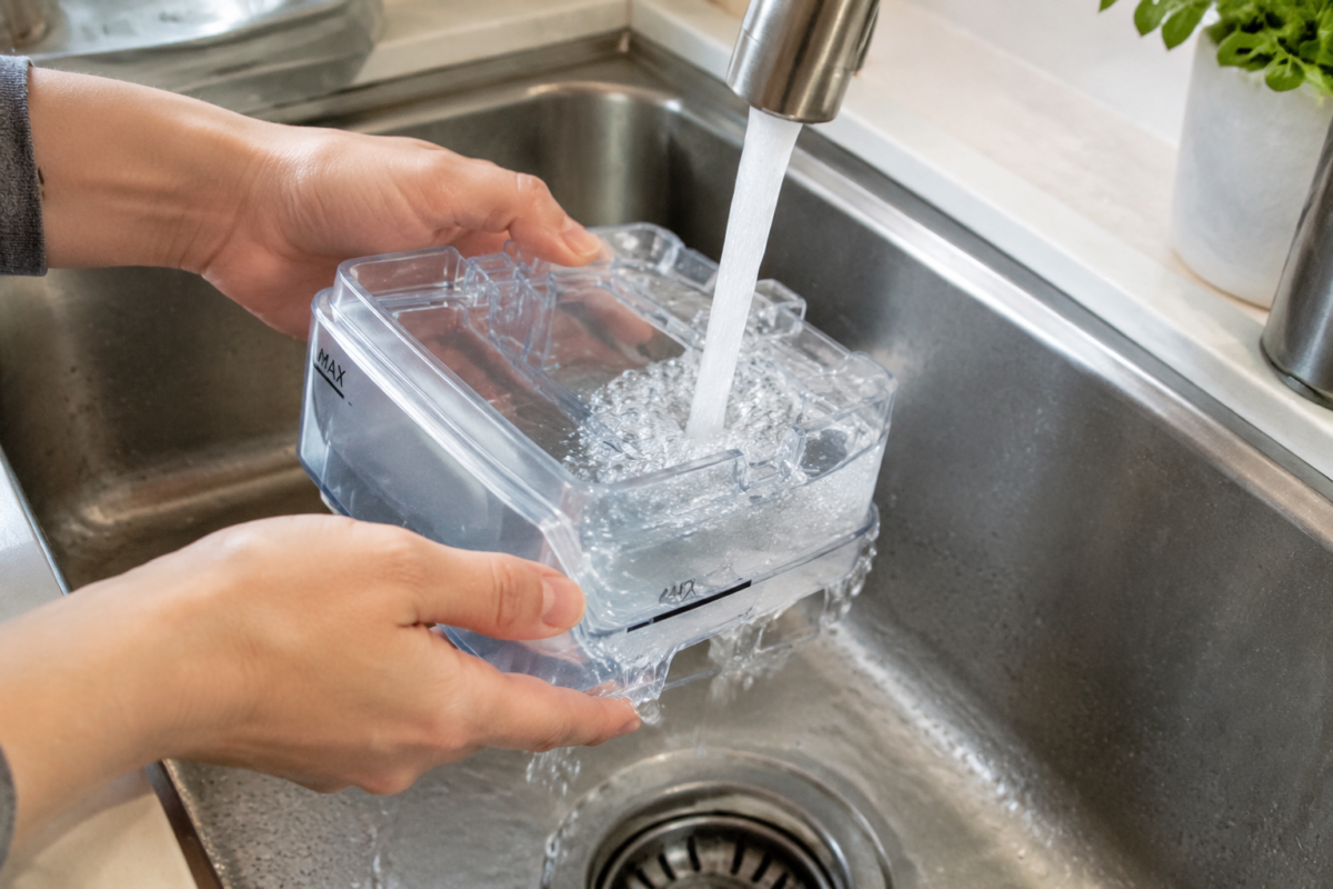 Rinsing a CPAP water chamber under warm running water