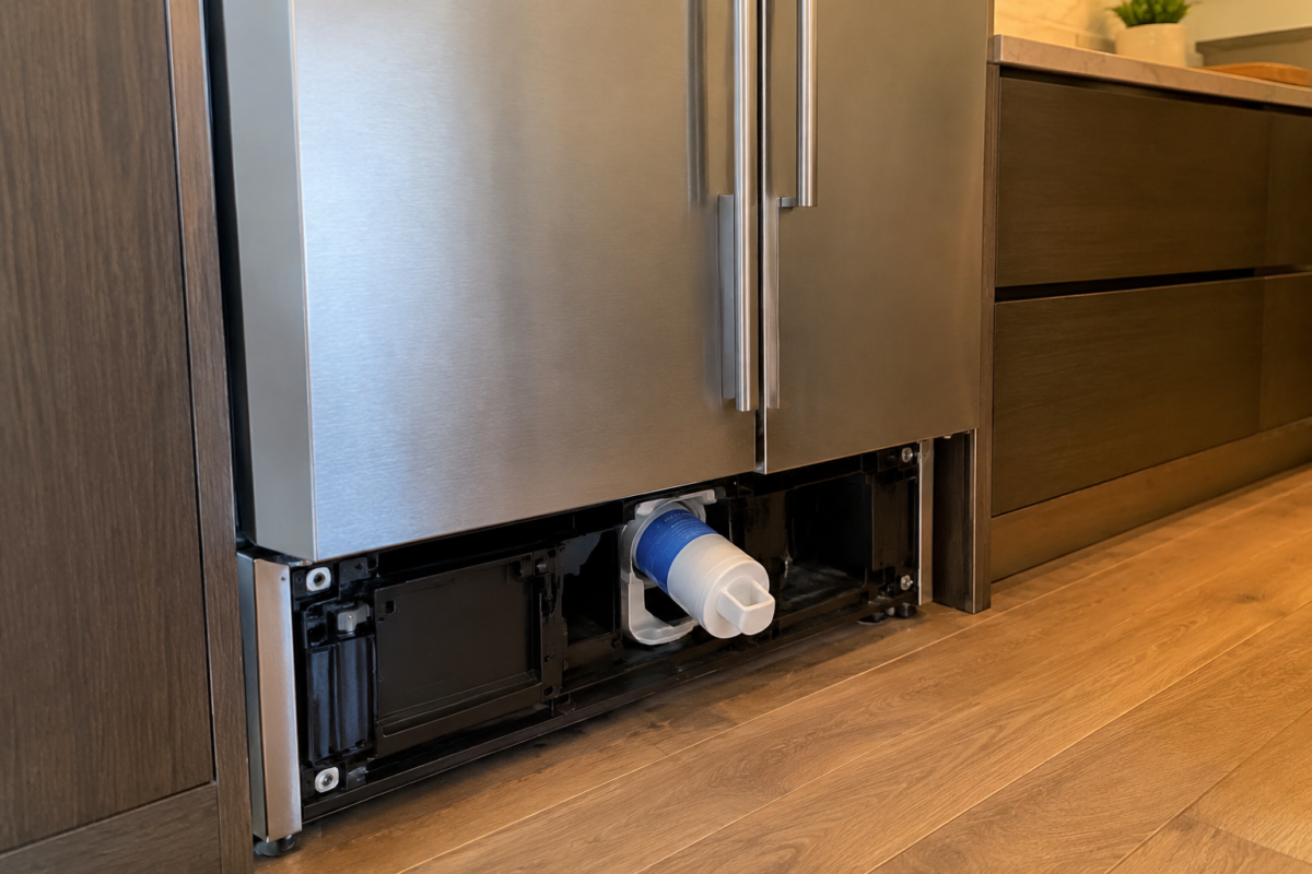 Sub-Zero style built-in refrigerator grille with water filter cartridge removed