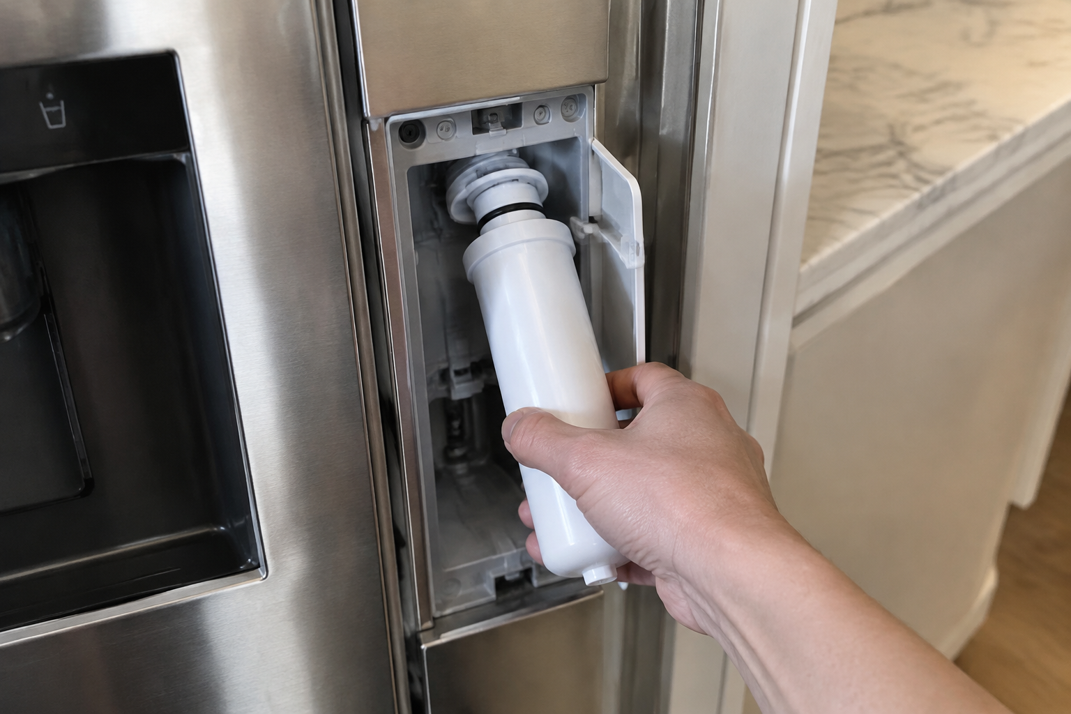 Built-in refrigerator column with water filter housing open for replacement