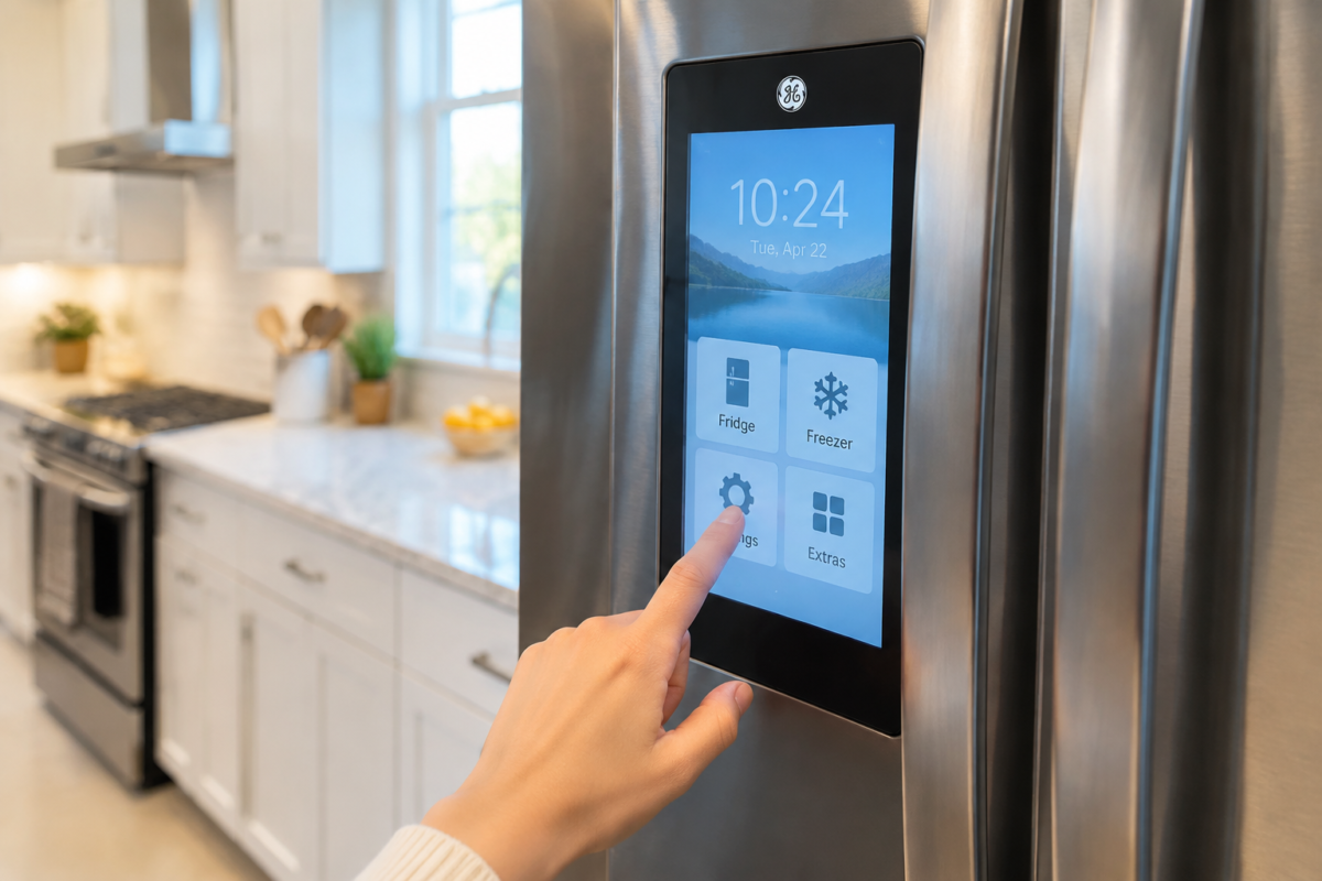 GE refrigerator touchscreen panel on the water filter reset settings page