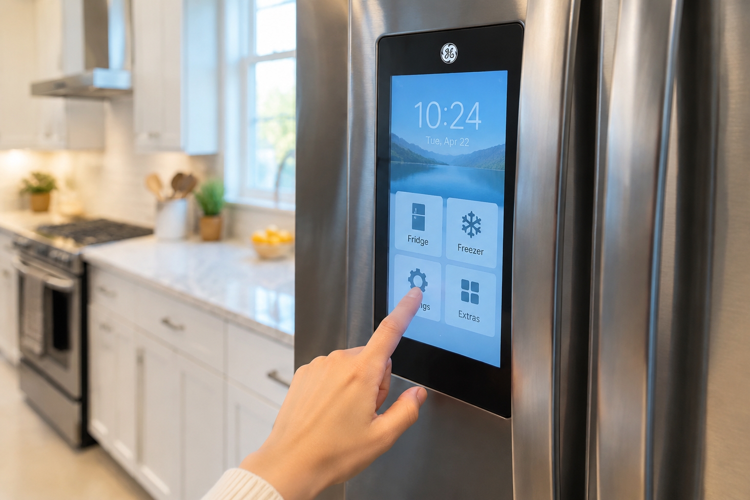 GE refrigerator touchscreen panel on the water filter reset settings page
