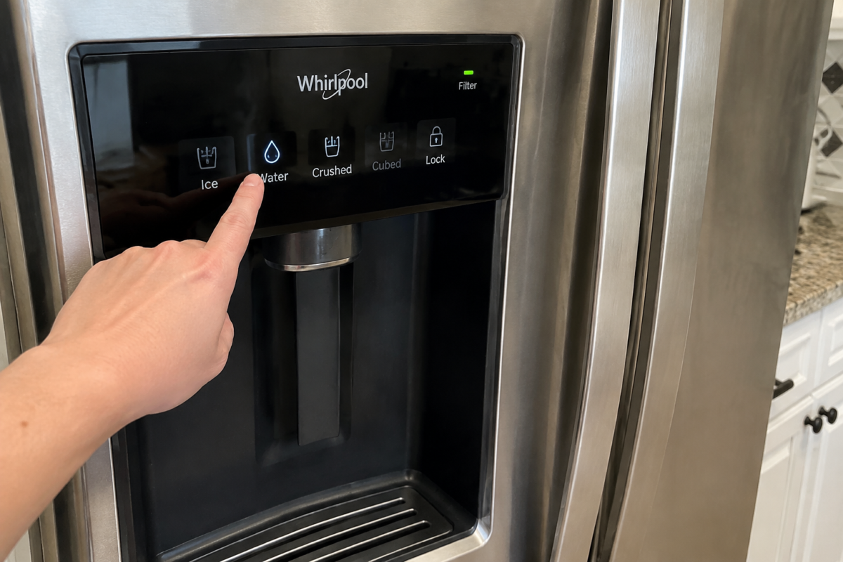 Whirlpool refrigerator dispenser control panel showing filter status light and reset button