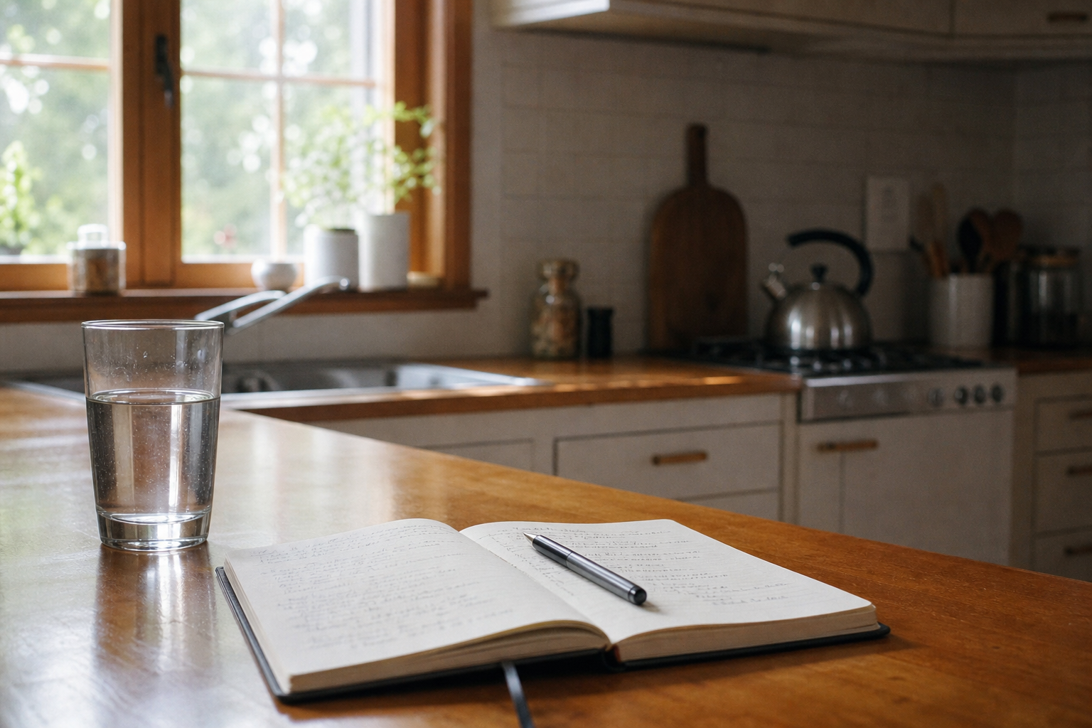 Glass of filtered water and notebook on kitchen counter, learning about water filters