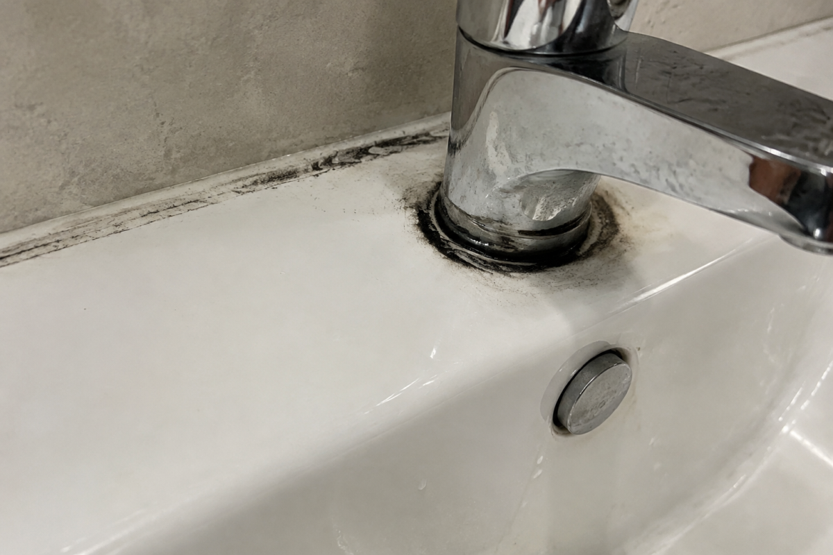 Dark manganese stains on a white sink fixture and porcelain edge