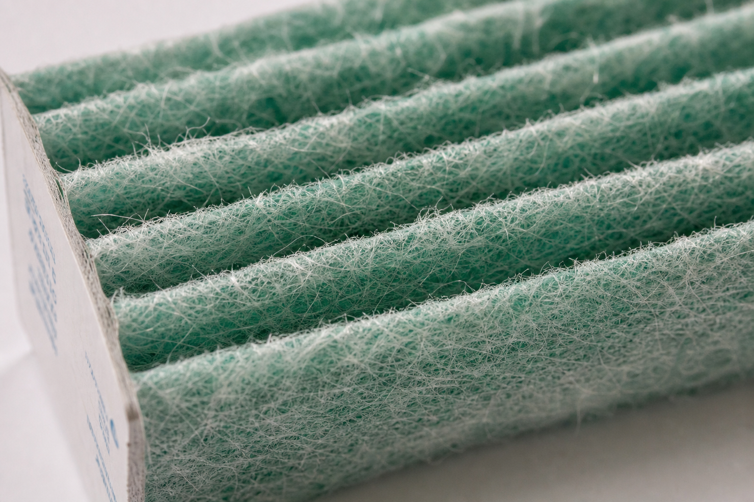 MERV 8 HVAC filter media macro, coarse glass fiber pleats