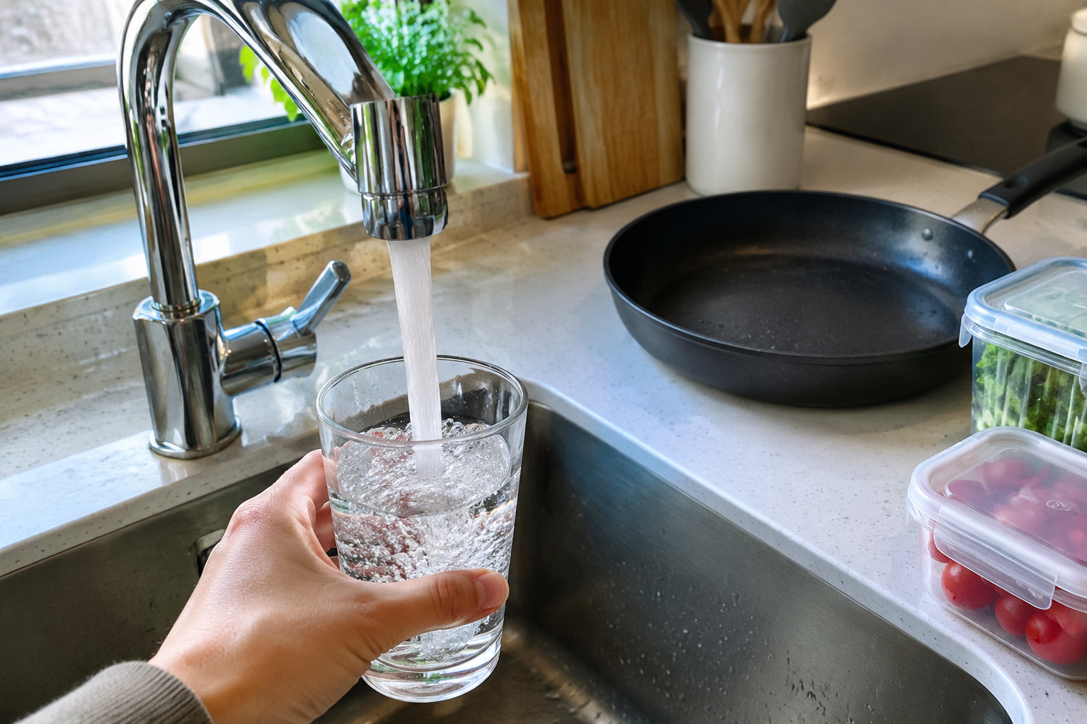 Kitchen countertop with running tap water and nonstick cookware, everyday PFAS sources