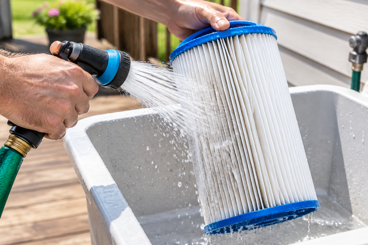 Rinsing a pool filter cartridge clean with a garden hose