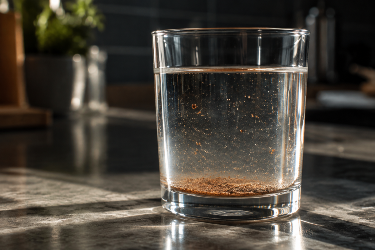 Sediment and rust particles settling in a glass of water