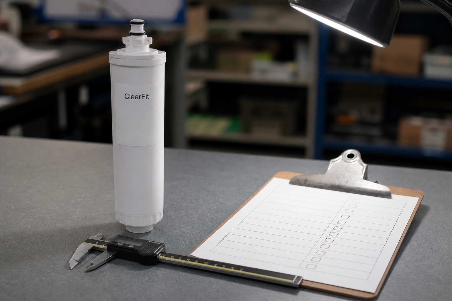 Quality inspection bench checking a refrigerator water filter cartridge