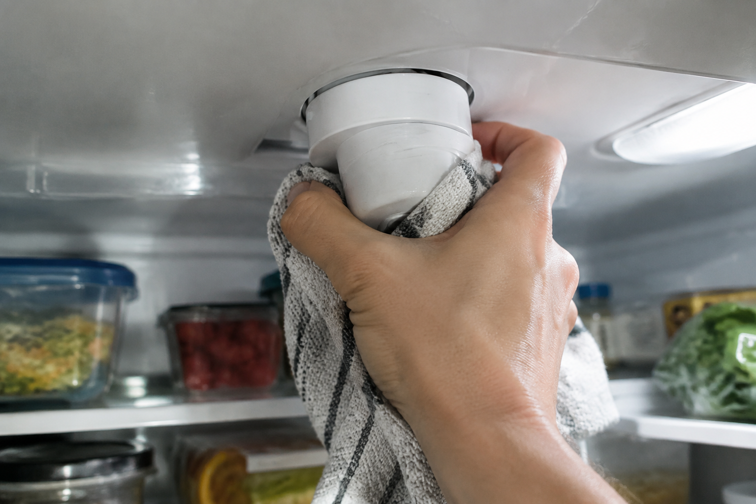 Stuck refrigerator water filter being worked loose with a towel for grip
