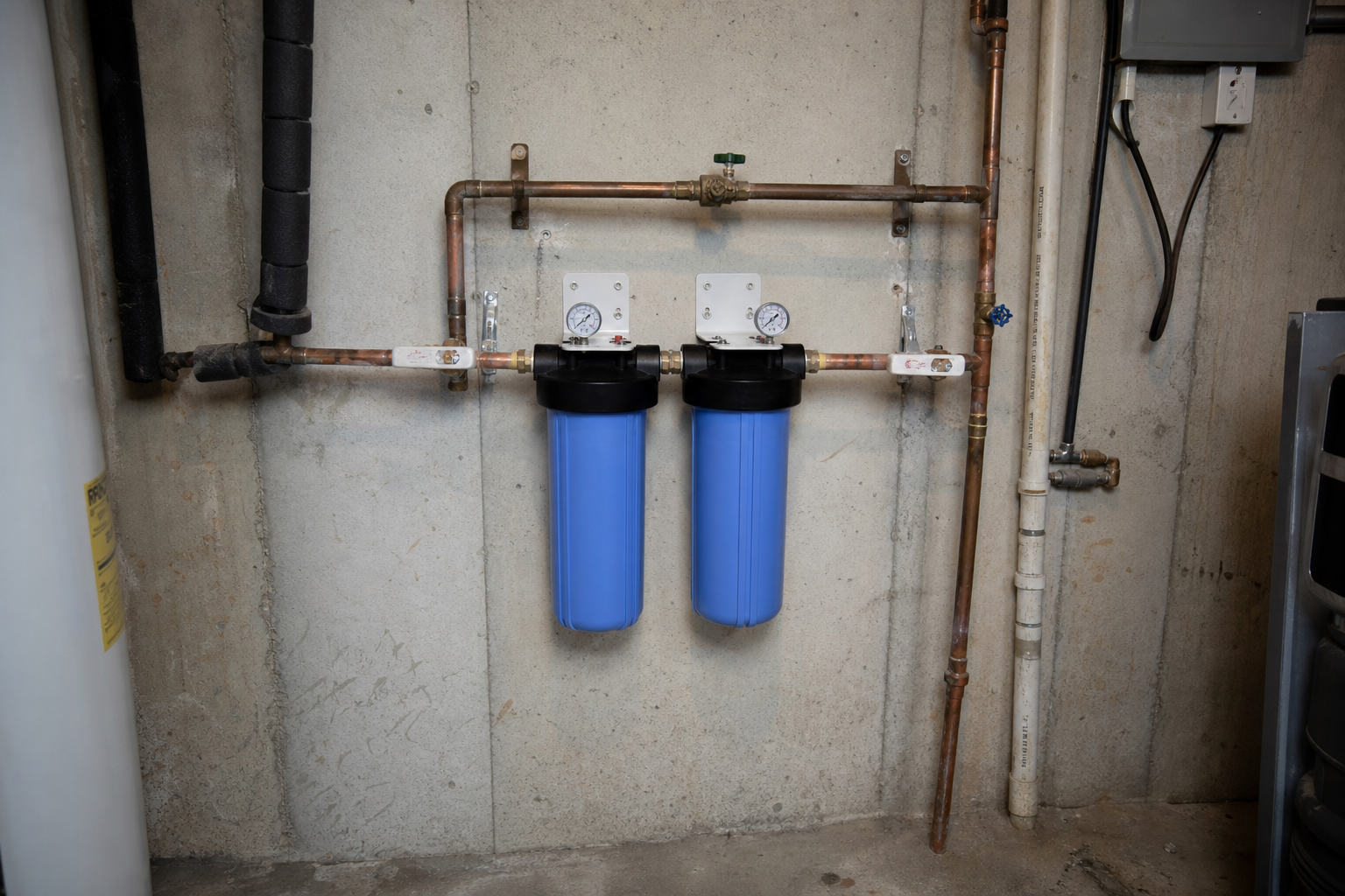 Whole-house Big Blue water filter housings installed in a basement